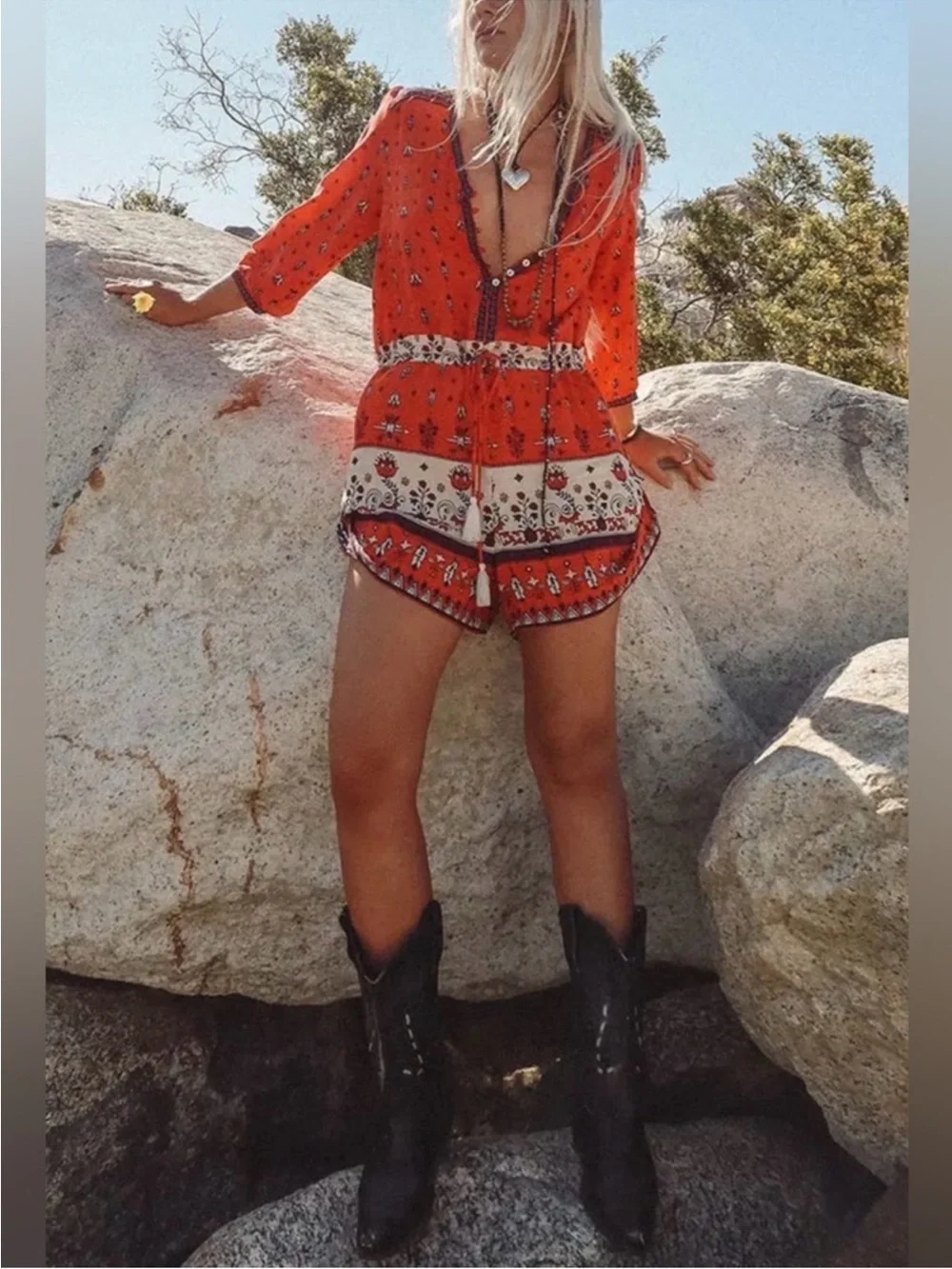 Spell Desert Wander Playsuit in Sunset - Red Printed Boho Short-Sleeve Romper - Picture 2 of 5